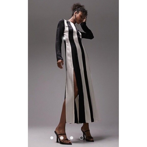 TOPSHOP Satin 100% Viscose Panel Stripe Dress Beetlejuice Halloween Women Sz10 - Picture 1 of 13